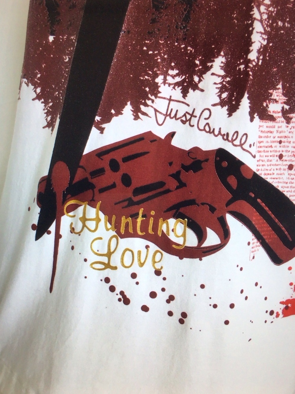 Just Cavalli White Long Sleeve V-Neck Graphic Tee with Red and Brown Print - Picture 5 of 5